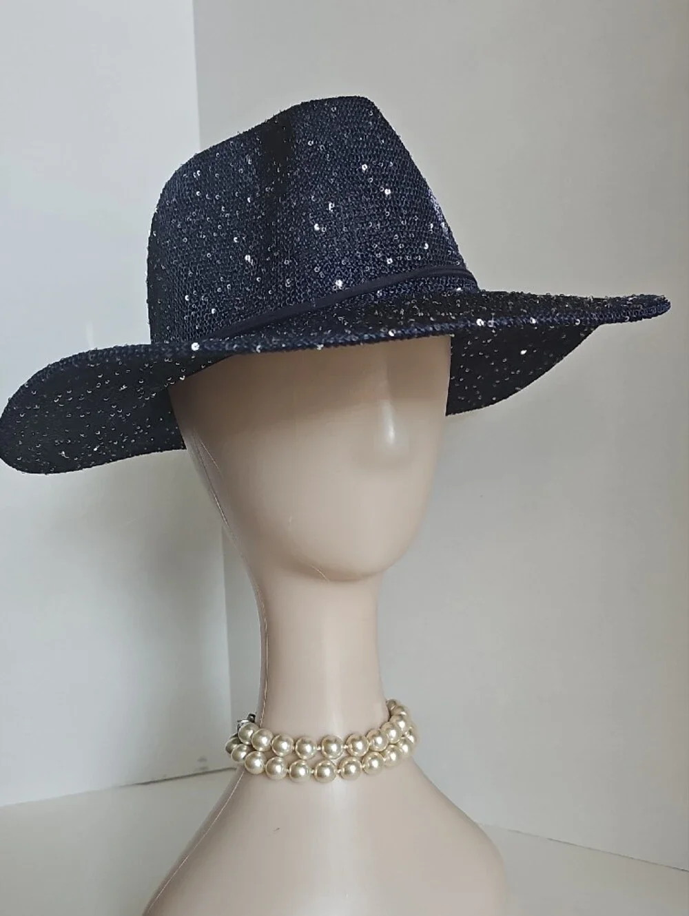 Beloved Millinery Sparkling Wide-Brim Panama Style Fedora Hat - Navy Blue